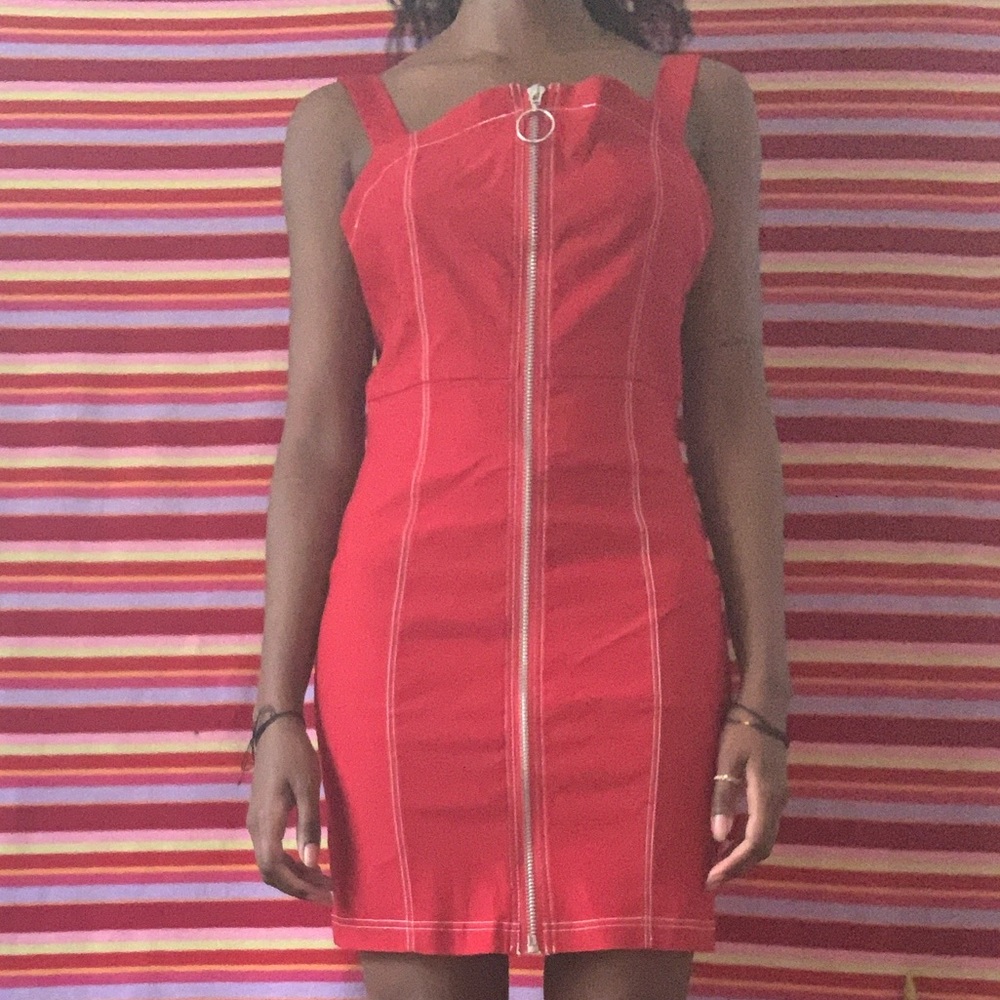 Red, Denim Like Zip up Dress